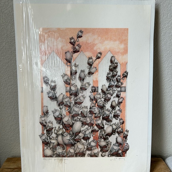 Cat Art J.S. Perry Signed Print 455/800 "Pussywillows" Jamie S. Perry Garden Cat - Picture 3 of 11